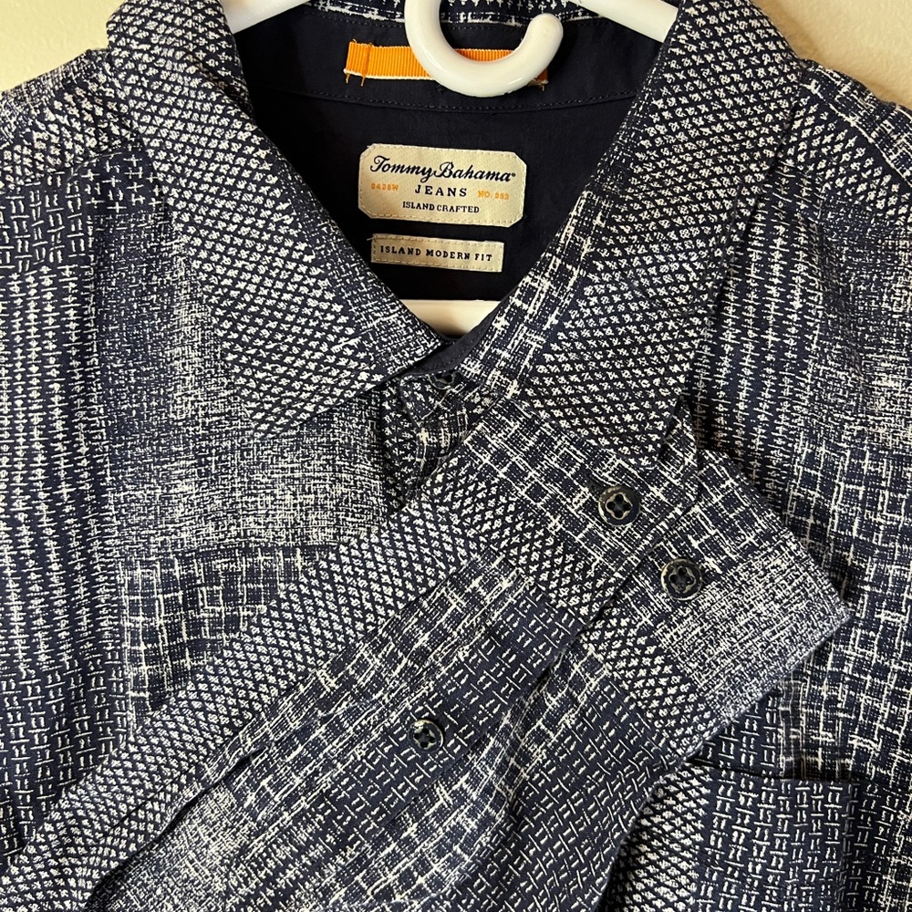 Tommy Bahama Blue Patchwork Island Modern Fit Long Sleeve Xl Tencel/Cotton Blend